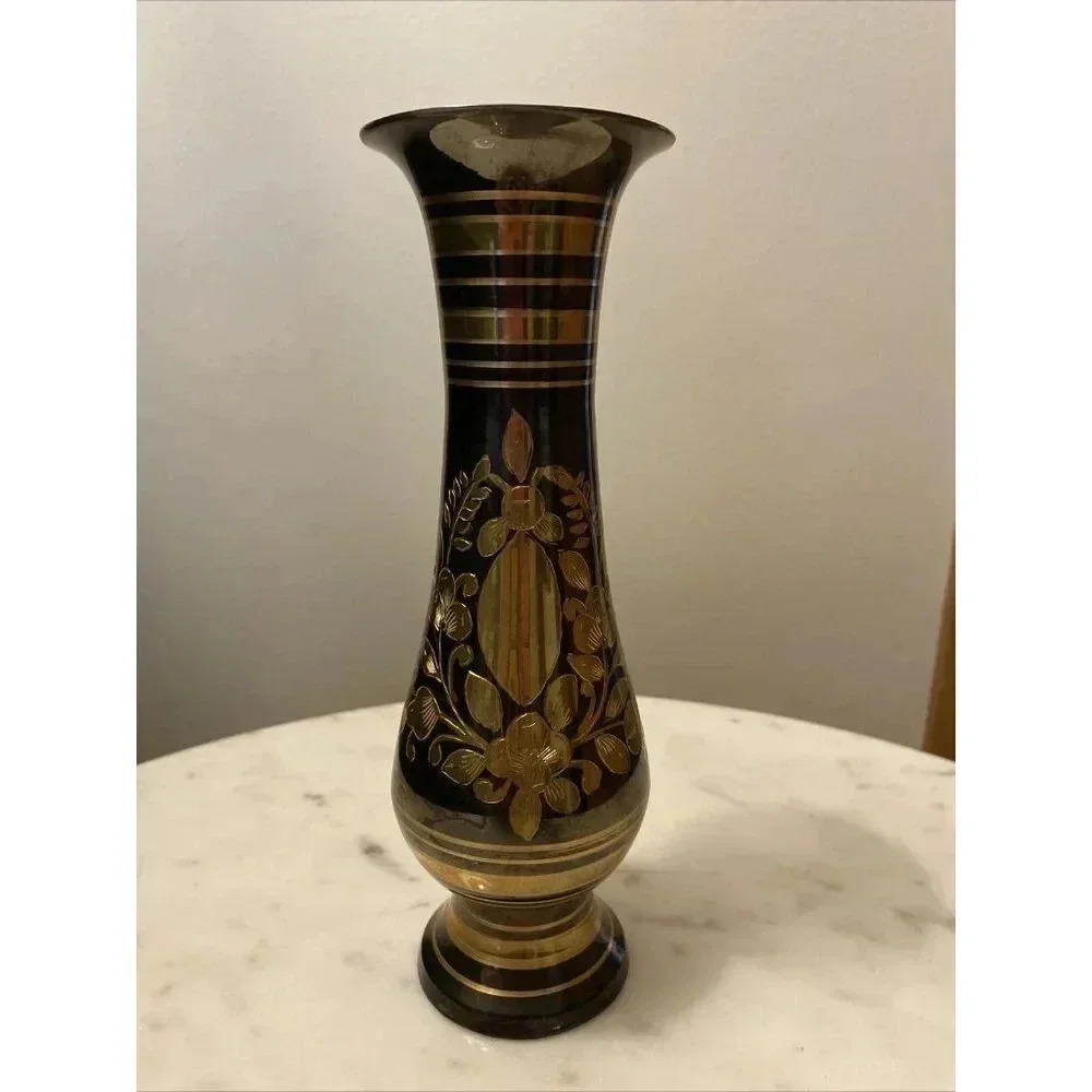 Vintage Solid Etched Brass Handmade Black & Gold Made In India 7.5” Vase - Picture 1 of 6